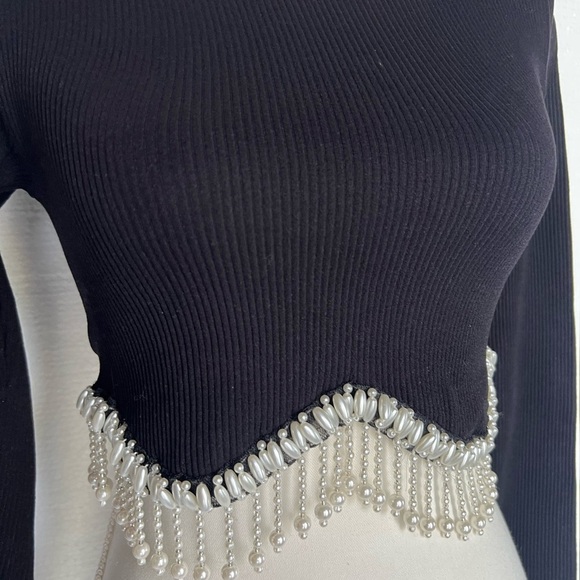 Zara Black Crop Top with Silver Beaded Fringe - Picture 6 of 11